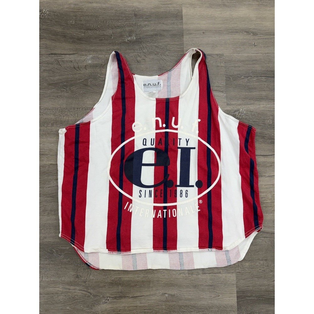 Vintage 90s ENUF Internationale Spellout Tank Top Red Whit Blue Striped USA